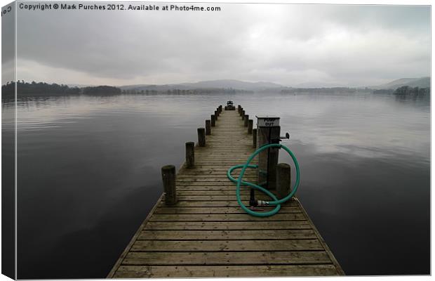 Wooden Jetty on a Grey Lake Windermere Canvas Print by Mark Purches