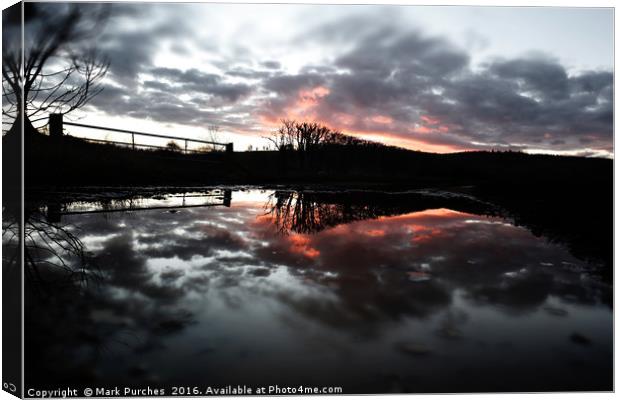 Fiery Sunset Reflection & Floods After Storm Imoge Canvas Print by Mark Purches