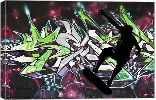Skateboarder on colour graffiti background Canvas Print by Dawn O'Connor