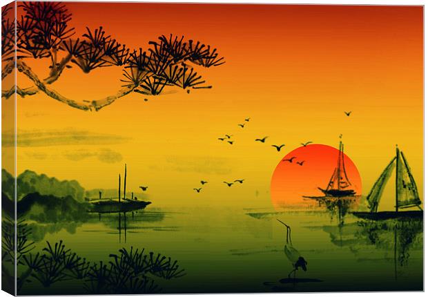 Fishing Boats At Sunset Canvas Print by Anthony Michael 