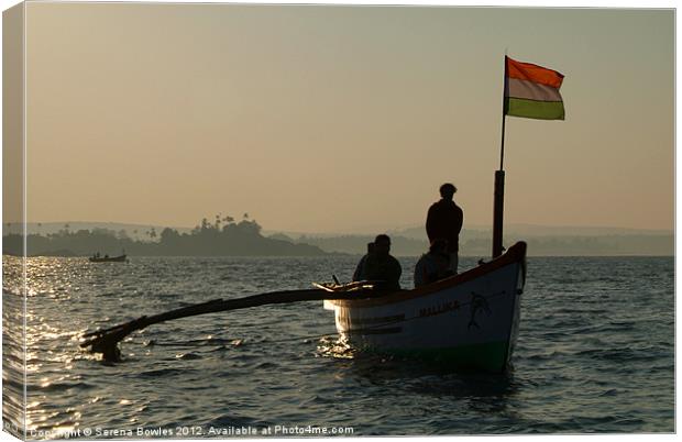 Dolphin Boat with Indian Flag Palolem, Goa, India Canvas Print by Serena Bowles