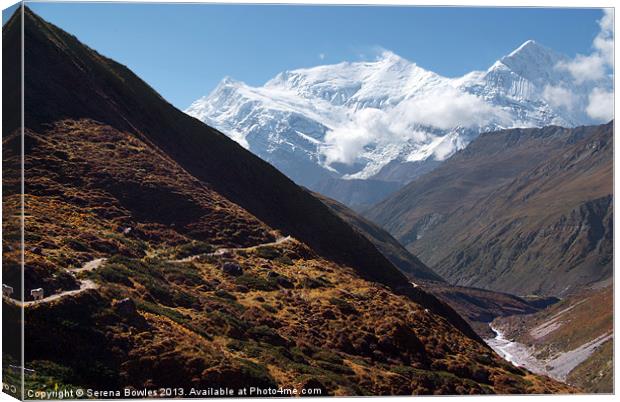 Snowy Mountain and Valley along Annapurna Circuit Canvas Print by Serena Bowles