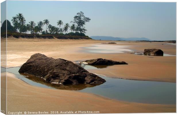 Rocks and Pools on Sandy Beach, Goa Canvas Print by Serena Bowles