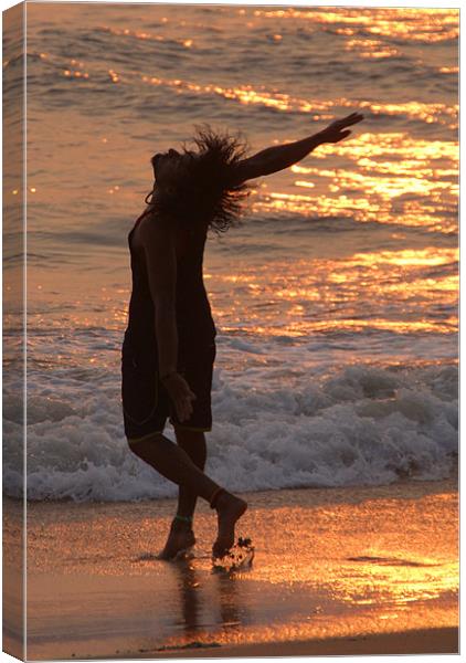 Dancing in the Surf at Sunset, Varkala, Kerala, In Canvas Print by Serena Bowles