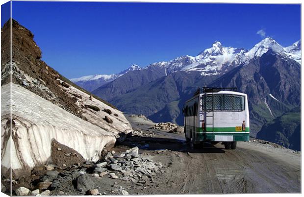 Bus Descending Rhotang Pass, Himalayas, Himachal P Canvas Print by Serena Bowles