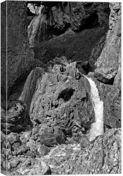 Gordale Scar Waterfall (Mono) Canvas Print by Joyce Storey