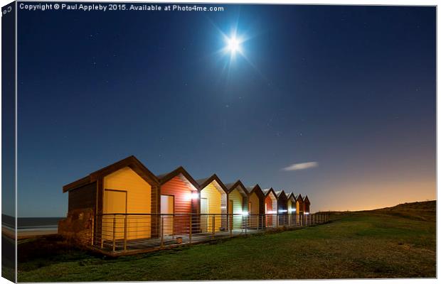  Blyth Beach Huts under a Christmas Eve Moon Canvas Print by Paul Appleby