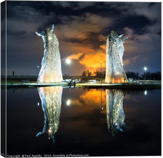 Kelpies Watching the Fire Canvas Print by Paul Appleby