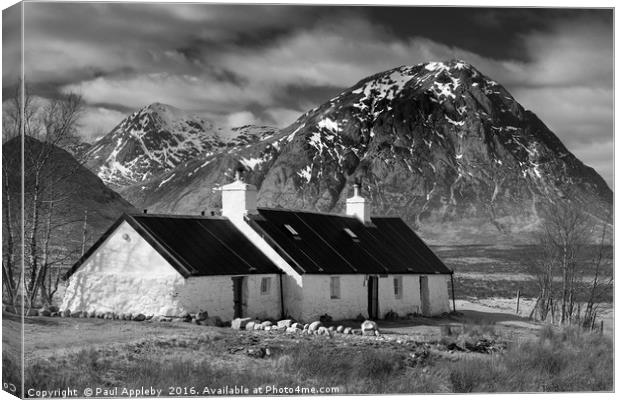 Blackjack Cottage, Glencoe - Black & White Canvas Print by Paul Appleby