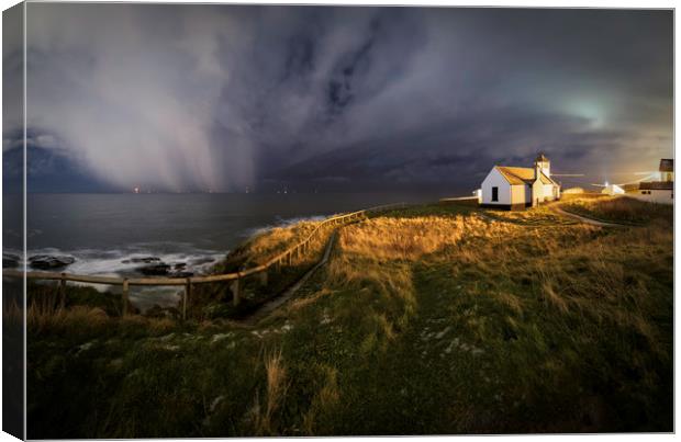 Night Time Snow Shower Passing Seaton Sluice Canvas Print by Paul Appleby