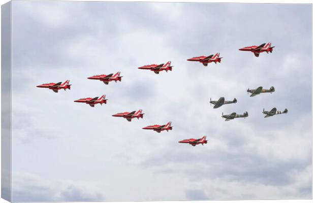 Red Arrows and BBMF Spitfires and Hurricanes Canvas Print by J Biggadike