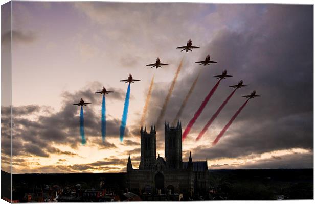 Red Arrows over Lincoln Cathedral Canvas Print by J Biggadike