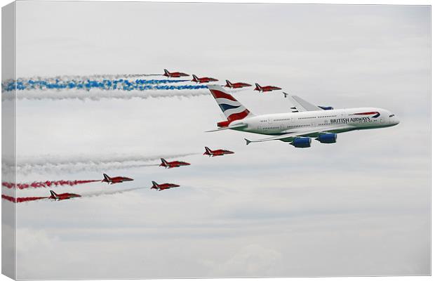 A380 and Red Arrows  Canvas Print by J Biggadike