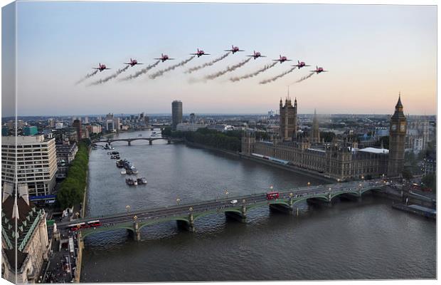 Red Arrows at Westminster  Canvas Print by J Biggadike