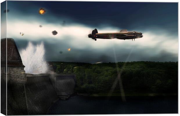 Lancaster Bomber at the Mohne Dam - A for Apple. Canvas Print by J Biggadike