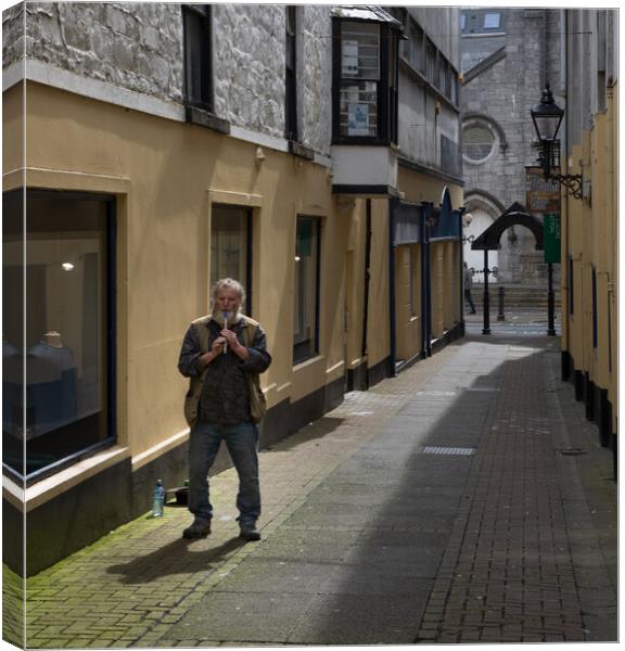 Flautist busking on the streets of Galway Canvas Print by Rory Trappe