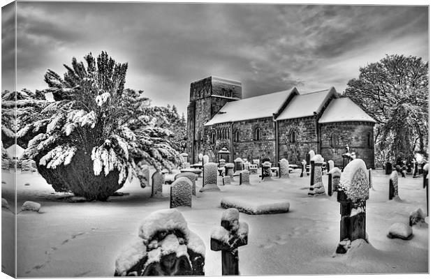 St Cuthbert's in the Snow B&W Canvas Print by Tom Gomez