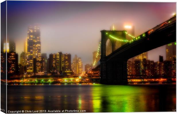 Misty Evening By The Brooklyn Bridge Canvas Print by Chris Lord