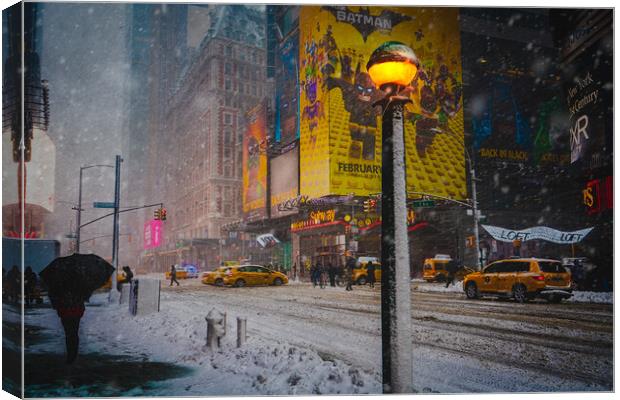 Blizzard Conditions At 42nd Street And Broadway Canvas Print by Chris Lord