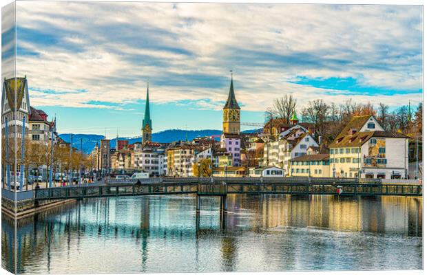 The Limmat River And Downtown Zurich Canvas Print by Chris Lord