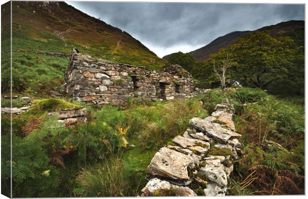 Old Welsh cottage Snowdon  Canvas Print by Eddie John