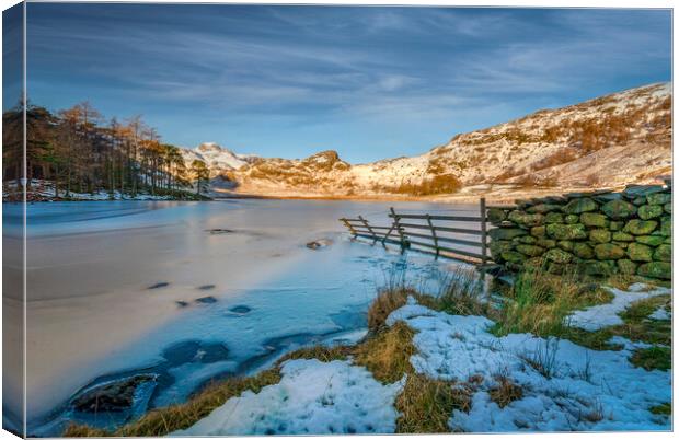 frozen lake in the lake district cumbria Canvas Print by Eddie John