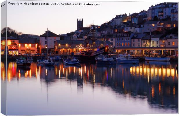 BRIXHAM BY LIGHTS. Canvas Print by andrew saxton