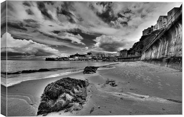 Tenby North Beach in Monochrome Canvas Print by Steve Purnell