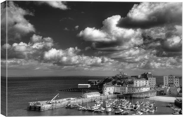 Tenby Harbour in Monochrome Canvas Print by Steve Purnell