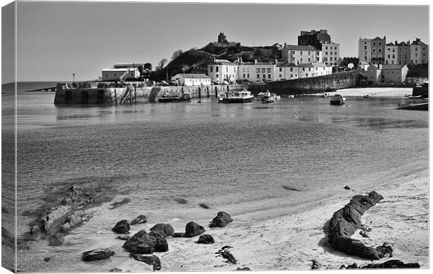 Tenby Harbour from North Beach Mono Canvas Print by Steve Purnell