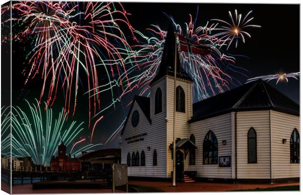 Fireworks Over The Norwegian Church Canvas Print by Steve Purnell