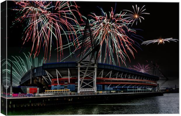 Fireworks Over The Principality Stadium Canvas Print by Steve Purnell