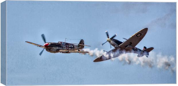 Spitfire versus the ME109 Canvas Print by Roger Green