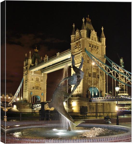 Tower Bridge and Girl with a Dolphin Fountain. Canvas Print by Becky Dix