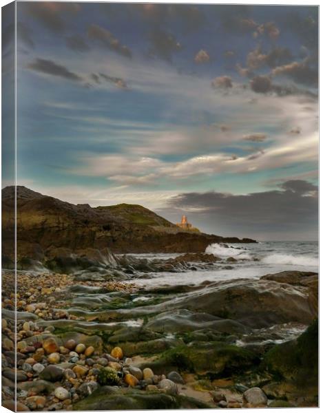 Mumbles Lighthouse from Bracelet Bay. Canvas Print by Becky Dix