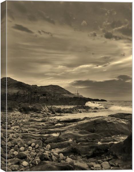 Mumbles Lighthouse from Bracelet Bay, Sepia. Canvas Print by Becky Dix