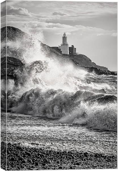 Mumbles Lighthouse Stormy Waves. Canvas Print by Becky Dix