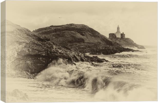 Mumbles Lighthouse Stormy Waves. Canvas Print by Becky Dix