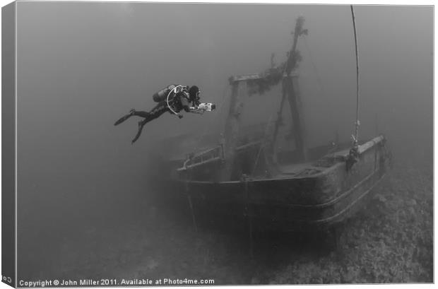 Diver/Videographer on Fishing Boat Wreck, Hurgada, Canvas Print by John Miller