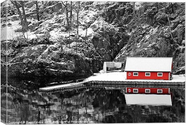 Red Boathouse In Winter Canvas Print by Paul Causie