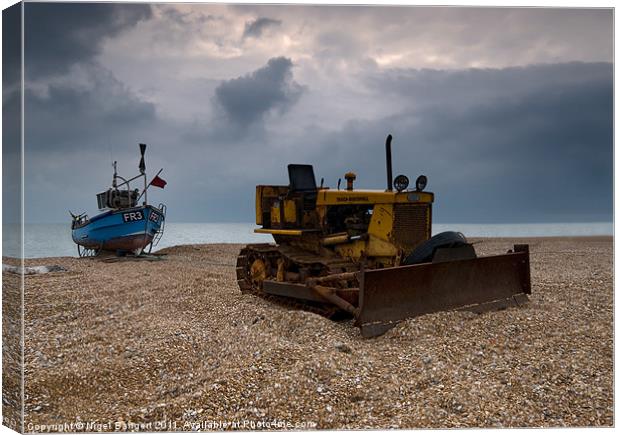 Fishing Boat and Bulldozer Canvas Print by Nigel Bangert
