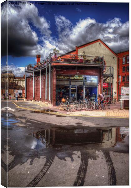  Bristol Docks Cafe and Bike Shop Canvas Print by Nigel Bangert