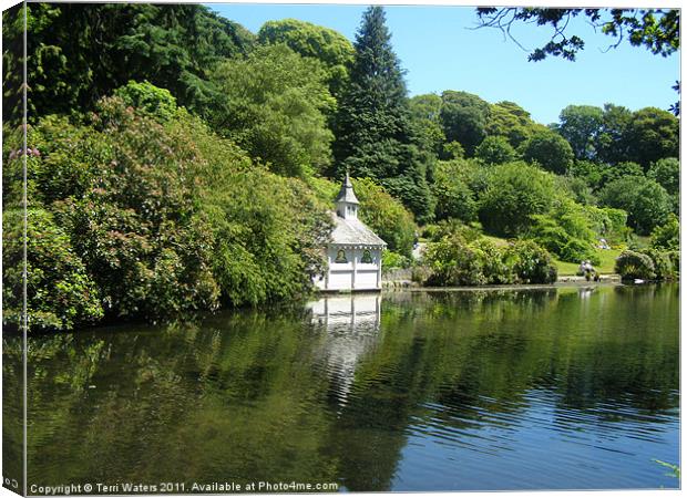 Trevarno lake and boathouse, Cornwall, England Canvas Print by Terri Waters