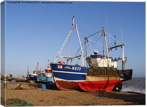 Fishing Boats on Hastings Stade Canvas Print by Terri Waters