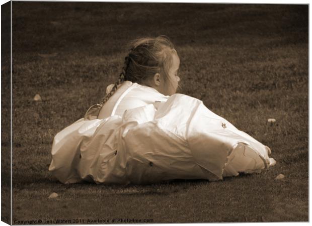 Tired Little Bridesmaid in sepia Canvas Print by Terri Waters
