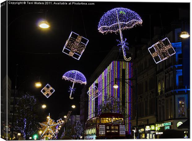 Christmas Lights in Oxford Street Canvas Print by Terri Waters