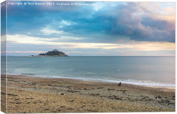St Michael's Mount, a Dog and a Drone at Sunset Canvas Print by Terri Waters