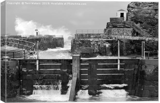 Portreath Harbour in Monochrome Canvas Print by Terri Waters