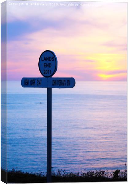 Sunset at Land's End Signpost Canvas Print by Terri Waters