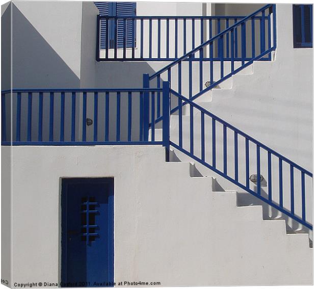 Greek Island house with blue doors & stairways, sh Canvas Print by DEE- Diana Cosford